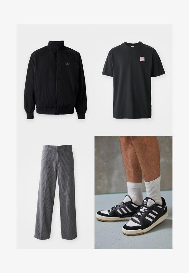 Zwarte geluiting jack met hoge kraag, gemaakt van lichtgewicht materiaal. Voorzien van elastische manchetten en tailleband, met een klein logo op de linkerbovenkant.; Zwarte katoenen t-shirt met ronde hals, korte mouwen en een klein gekleurd label op de linkerkant van de borst met het woord "SUPERIOR."; Grijze pinstripe wijde broek met riemlussen, vlakke voorkant en rechte onderranden, weergegeven tegen een witte achtergrond.; Zwart-witte sneakers met een bovenwerk van suede en leer, voorzien van drie witte strepen, een geperforeerde neus en een rubberen gumzool.