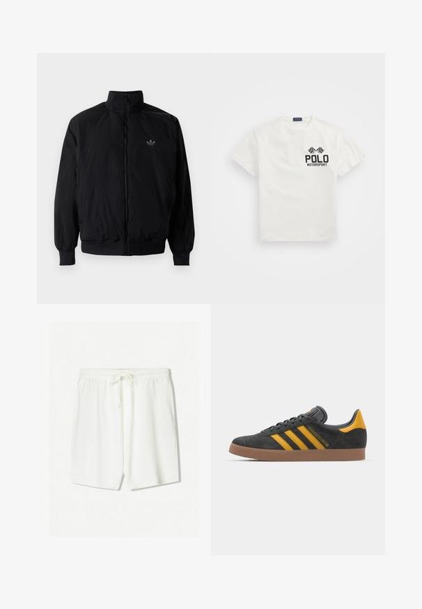 Crna jakna na zip s visokim ovratnikom, izrađena od laganog materijala. Ima elastične manžete i pojas, s malim logotipom na gornjem lijevom dijelu.; Bijela pamučna majica s okruglim izrezom, sa crnim logom "Polo Motorsport" i unakrsnim kockastim zastavicama na lijevoj strani prsnog dijela.; Bijele atletske šortse izrađene od lagane tkanine, s elastičnim pojasom i vezicom, te bočnim džepovima. Glatka tekstura.; Crne nubuk tenisice s žutim detaljima, sa tri pruge i smešnim gumenim potplatom. Imaju jastučić na jeziku za udobnost.