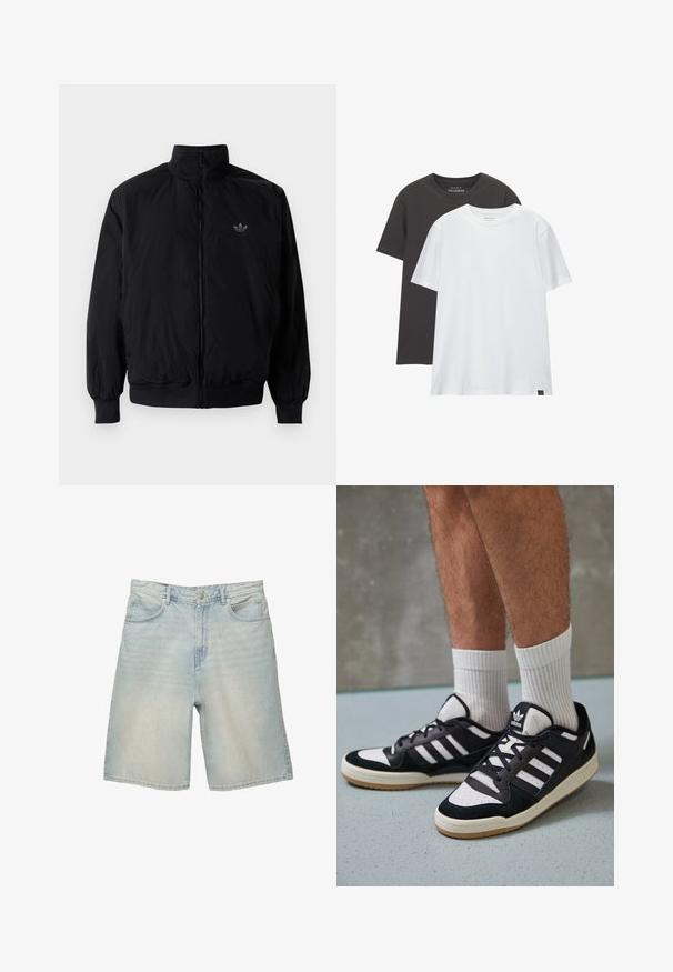 Čierna zips kombinéza s vysokým golierom, vyrobená z ľahkého materiálu. Obsahuje elastické manžety a pás, s malým logom na hornej ľavej strane.; Dve tričká so štandardným strihom: jedno čierne a jedno biele, vyrobené z mäkkej bavlny. Každé má okrúhly výstrih a krátke rukávy bez vzorov.; Svetlo modré denimové šortky s voľným strihom, obsahujúce päť vreciek, pásky a vybledlý vzhľad so subtílnymi opotrebovanými vzormi.; Čierno-biele tenisky s vrchom z semišu a kože, s troma bielymi pruhmi, perforovanou špičkou a gumovou podrážkou.