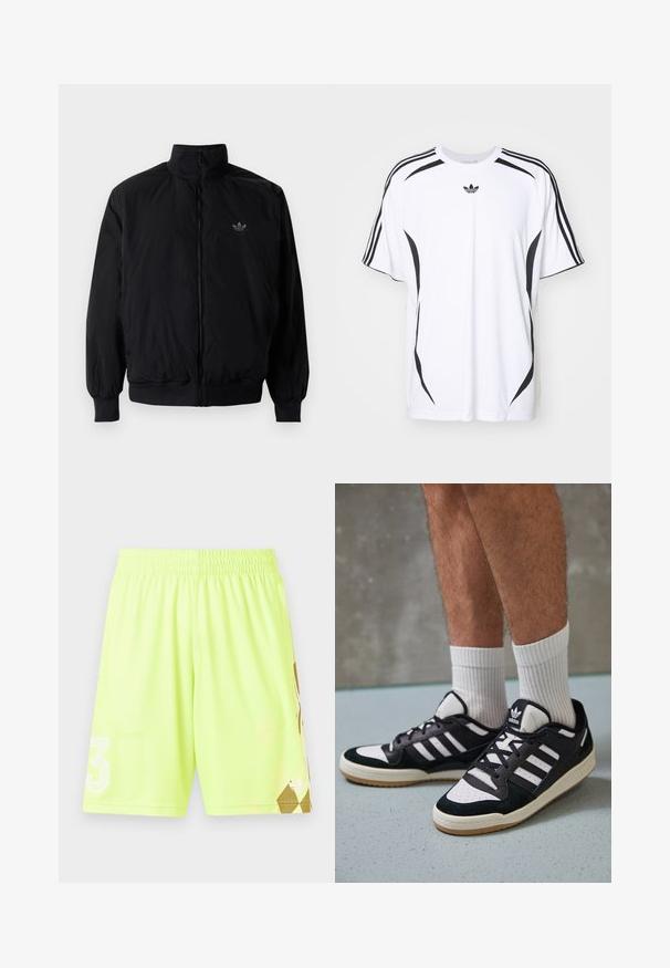 Black zipped jacket with high collar, made of lightweight material. Features elastic cuffs and waistband, with a small logo on the upper left.; White short-sleeve t-shirt featuring black side accents and three black stripes on shoulders. Includes small black logo on chest.; Neon yellow athletic shorts with elastic waistband, featuring a white "3" logo and gold geometric pattern on the lower right side.; Black and white sneakers with a suede and leather upper, featuring three white stripes, a perforated toe, and a gum rubber sole.