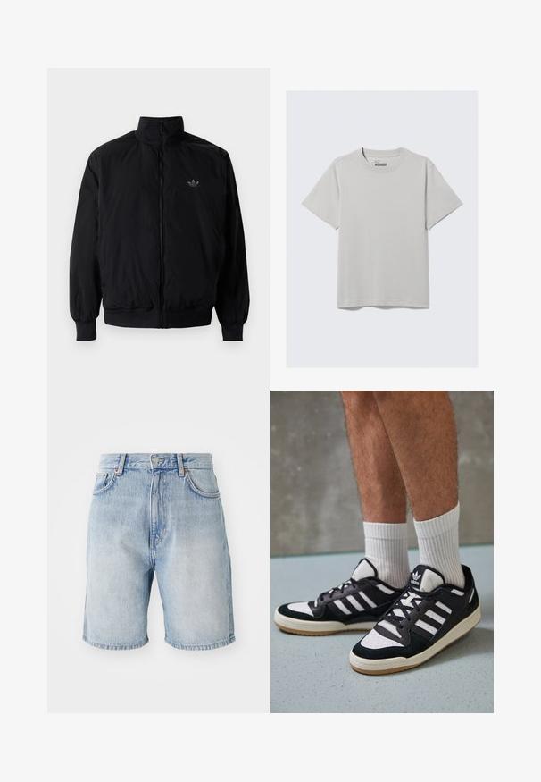 Black zipped jacket with high collar, made of lightweight material. Features elastic cuffs and waistband, with a small logo on the upper left.; Light gray cotton T-shirt with a crew neckline and short sleeves, featuring a minimalist design and a relaxed fit. No patterns or accents.; Light blue denim shorts with a high waist, five-pocket design, and contrasting stitching. Hemmed cuffs and metal button closure.; Black and white sneakers with a suede and leather upper, featuring three white stripes, a perforated toe, and a gum rubber sole.