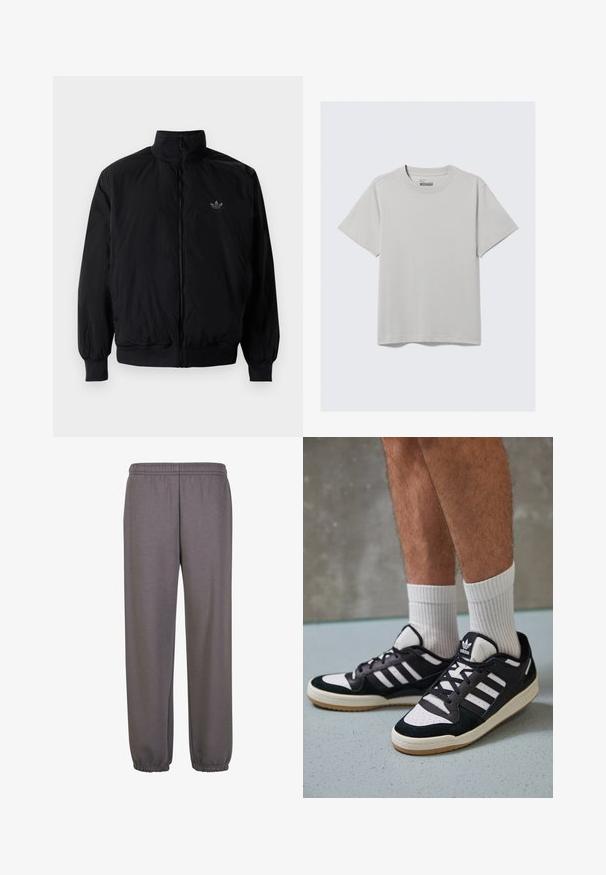 Schwarze Jacke mit Reißverschluss und hohem Kragen, aus leichtem Material gefertigt. Verfügt über elastische Bündchen und einen elastischen Saum, mit einem kleinen Logo oben links.; Helles graues Baumwoll-T-Shirt mit Rundhalsausschnitt und kurzen Ärmeln, das ein minimalistisches Design und eine lockere Passform aufweist. Keine Muster oder Akzente.; Graue Sweatpants aus weichem Stoff mit einem elastischen Bund, seitlichen Taschen und elastischen Bündchen an den Knöcheln für eine lässige Passform.; Schwarz-weiße Sneaker mit einem Obermaterial aus Wildleder und Leder, ausgestattet mit drei weißen Streifen, einer perforierten Zehenpartie und einer Sohle aus Gummi.