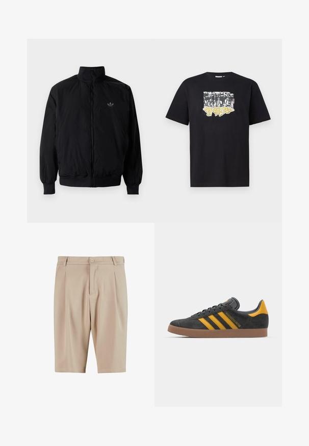 Sort lynlåsjakke med høj krave, fremstillet af letvægtsmateriale. Har elastiske manchetter og talje, med et lille logo på øverste venstre side.; Sort bomulds t-shirt med et grafisk tryk i hvid og gul med teksten "IRON LIKE HELL" og et design af silhuetter.; Beige skræddersyede shorts med plisseringer, der har en knaplukning og klassisk design. Glat tekstur, knælængde og ingen synlige lommer.; Sort suedet sneaker med gule accenter, der har tre striber og en brun gummisål. Inkluderer en polstret tunge for komfort.