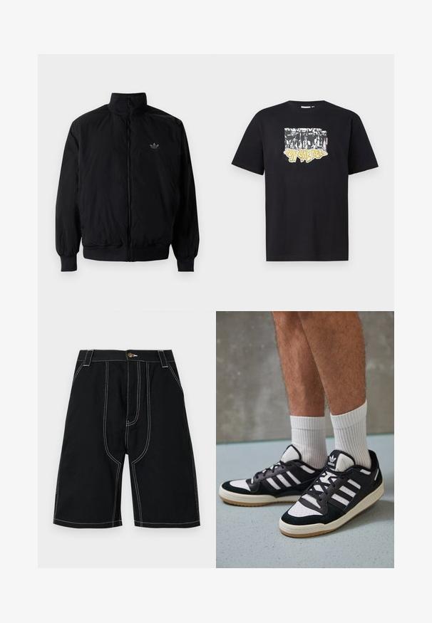 Black zipped jacket with high collar, made of lightweight material. Features elastic cuffs and waistband, with a small logo on the upper left.; Black cotton t-shirt featuring a graphic print in white and yellow with the text "IRON LIKE HELL" and a design of silhouettes.; Black shorts with a straight cut, made of durable fabric. Features white stitching and a gold button accent. Includes front pockets.; Black and white sneakers with a suede and leather upper, featuring three white stripes, a perforated toe, and a gum rubber sole.