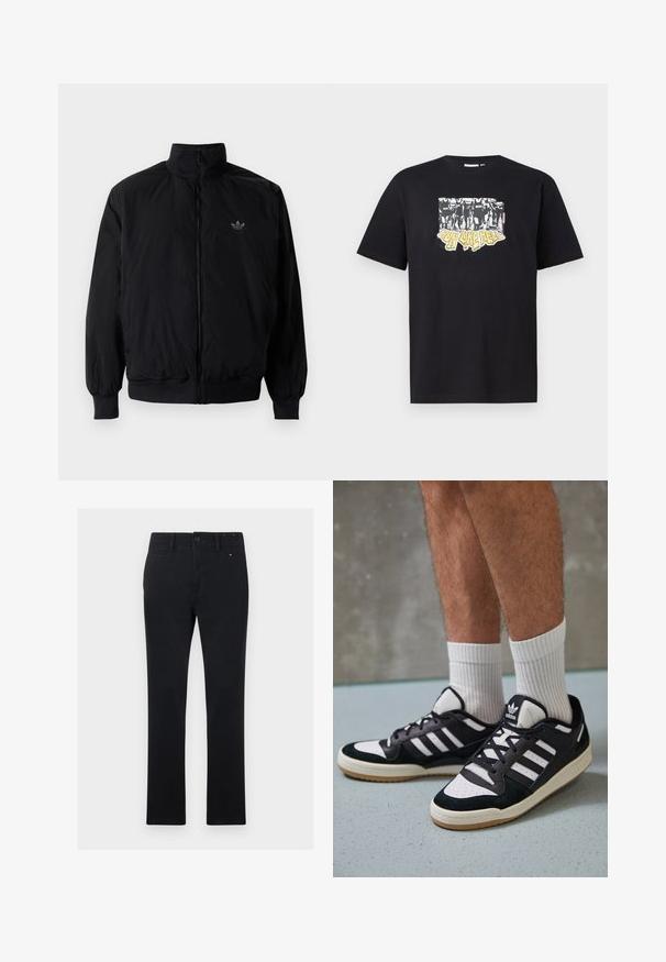 Čierna zips kombinéza s vysokým golierom, vyrobená z ľahkého materiálu. Obsahuje elastické manžety a pás, s malým logom na hornej ľavej strane.; Čierne bavlnené tričko s grafickou potlačou v bielej a žltej farbe s textom "IRON LIKE HELL" a dizajnom siluet.; Čierne bavlnené nohavice s rovnou siluetou, so zapínaním na gombík a zips, piatimi vreckami a subtilnými švovými detailmi.; Čierno-biele tenisky s vrchom z semišu a kože, s troma bielymi pruhmi, perforovanou špičkou a gumovou podrážkou.