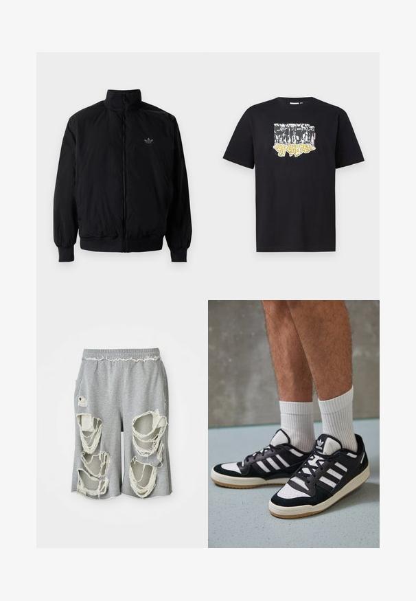 Crna jakna na zip s visokim ovratnikom, izrađena od laganog materijala. Ima elastične manžete i pojas, s malim logotipom na gornjem lijevom dijelu.; Crna pamučna majica s grafičkim printom u bijeloj i žutoj boji sa natpisom "IRON LIKE HELL" i dizajnom silueta.; Sive kratke hlače od pamuka s istaknutim izrezima i poderanim rubovima. Imaju elastičnu strukicu i ležeran kroj.; Crne i bijele tenisice s gornjim dijelom od antilopa i kože, s tri bijele pruge, perforiranim prstom i gumiranim potplatom.