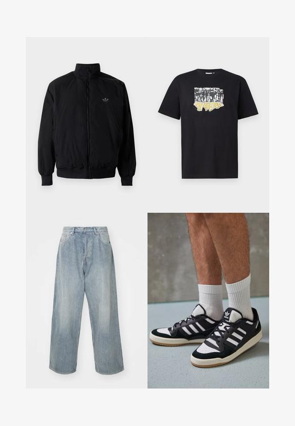 Czarna kurtka zapinana na zamek z wysokim kołnierzem, wykonana z lekkiego materiału. Posiada elastyczne mankiety i pas, oraz małe logo na górnej lewej stronie.; Czarna koszulka bawełniana z graficznym nadrukiem w białym i żółtym kolorze oraz napisem "IRON LIKE HELL" i wzorem sylwetek.; Jasnoniebieskie dżinsy o luźnym kroju, wysokim stanie, pięciu kieszeniach i kontrastowym przeszyciu. Charakteryzują się prostą nogawką i czystymi brzegami.; Czarno-białe sneakersy z zamszową i skórzaną cholewką, z trzema białymi paskami, perforowanym czubkiem i gumową podeszwą w kolorze gumy.