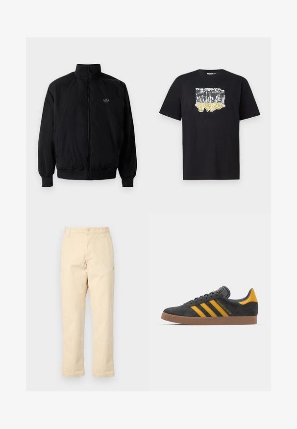 Chaqueta negra con cremallera y cuello alto, hecha de material ligero. Cuenta con puños y cinturilla elásticos, y un pequeño logo en la parte superior izquierda.; Camiseta de algodón negra con un estampado gráfico en blanco y amarillo que contiene el texto "IRON LIKE HELL" y un diseño de siluetas.; Pantalones de algodón beige con corte recto, cierre de botón en la parte delantera y dos bolsillos laterales, que presentan una sutil textura acanalada.; Zapatillas de ante negro con acentos amarillos, que presentan tres franjas y una suela de goma marrón. Incluyen una lengüeta acolchada para mayor comodidad.