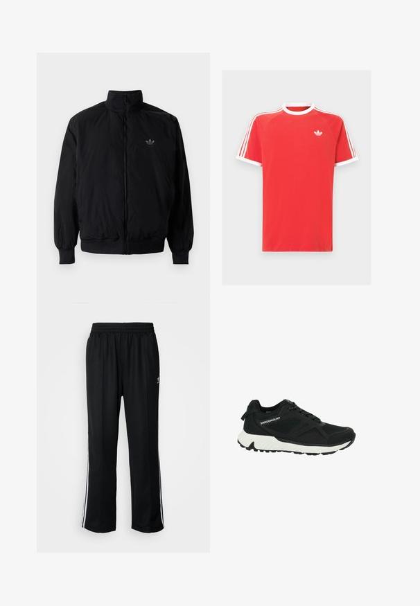 Schwarze Jacke mit Reißverschluss und hohem Kragen, aus leichtem Material gefertigt. Verfügt über elastische Bündchen und einen elastischen Saum, mit einem kleinen Logo oben links.; Rotes Baumwoll-T-Shirt mit weißem Kragen und Ärmelsäumen. Mit einem weißen Dreistreifen-Design auf den Schultern und einem kleinen weißen Logo auf der Brust.; Schwarze Sporthosen mit elastischem Bund, ausgestattet mit weißen Seitenstreifen und einem kleinen Logo. Das Material wirkt weich und leicht.; Schwarzer Sportschuh mit strukturiertem Stoffoberteil und weißer Sohle. Verfügt über eine abgerundete Zehenpartie, ein Schnürsystem und seitliche Markenkennzeichnung "SWEDEMOUNT."