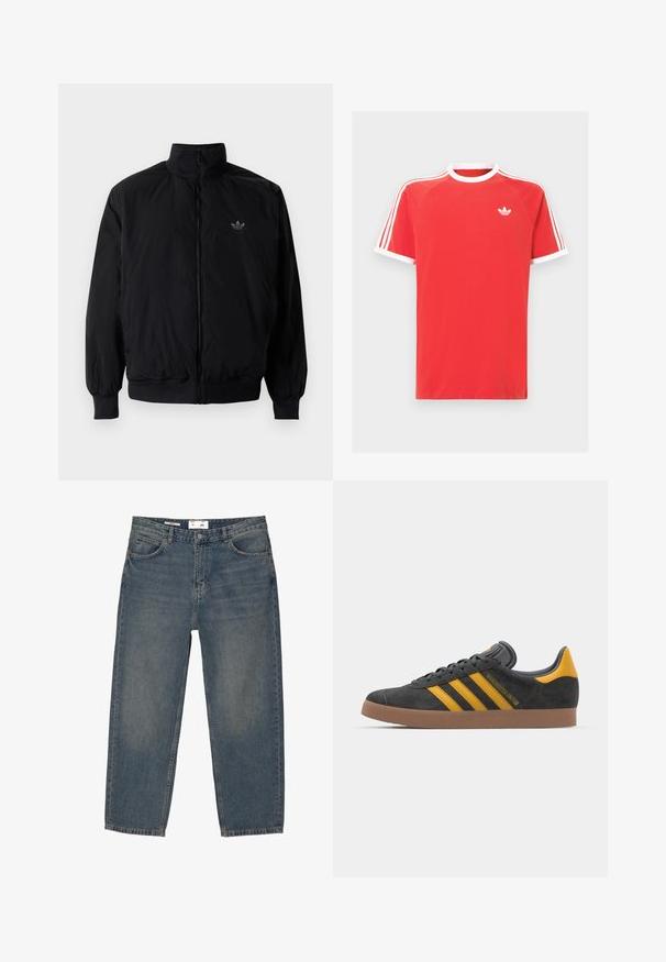 Čierna zips kombinéza s vysokým golierom, vyrobená z ľahkého materiálu. Obsahuje elastické manžety a pás, s malým logom na hornej ľavej strane.; Červené bavlnené tričko s bielym golierom a lemovaním rukávov. Obsahuje biely trojpruhový dizajn na pleciach a malé biele logo na hrudi.; Modré džínsy s voľným strihom, ktoré majú klasický dizajn s piatimi vreckami a minimálnym vyblednutím. Obsahujú zapínanie na gombík a pútka na opasok.; Čierne semišové tenisky so žltými akcentmi, ktoré majú tri pruhy a hnedú gumovú podrážku. Obsahujú vypolstrovaný jazyk pre pohodlie.