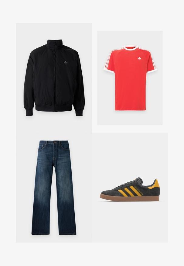 Svart zipjacka med hög krage, tillverkad av lätt material. Har elastiska cuffar och midja, med en liten logo på övre vänster.; Röd bomull t-shirt med vit krage och ärmavslut. Har en vit tre-stripsdesign på axlarna och en liten vit logotyp på bröstet.; Mörkblå denimjeans med rak ben-design, med en lätt struktur, bälteshällor och en klassisk femfickstil.; Svart mockaskor med gula accenter, med tre ränder och en brun gummisula. Inkluderar en vadderad tunga för extra komfort.