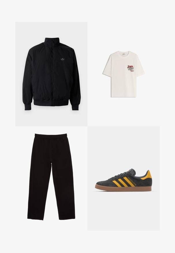 Crna jakna na zip s visokim ovratnikom, izrađena od laganog materijala. Ima elastične manžete i pojas, s malim logotipom na gornjem lijevom dijelu.; Bijela pamučna majica kratkih rukava, s okruglim izrezom. Sadrži tiskanu grafiku u crvenom i crnom tekstu na lijevoj strani prsnog područja.; Crne trenirke od pamuka, s elastičnim pojasom, ravnim nogavicama i bez vidljivih džepova ili ukrasa.; Crne nubuk tenisice s žutim detaljima, sa tri pruge i smešnim gumenim potplatom. Imaju jastučić na jeziku za udobnost.