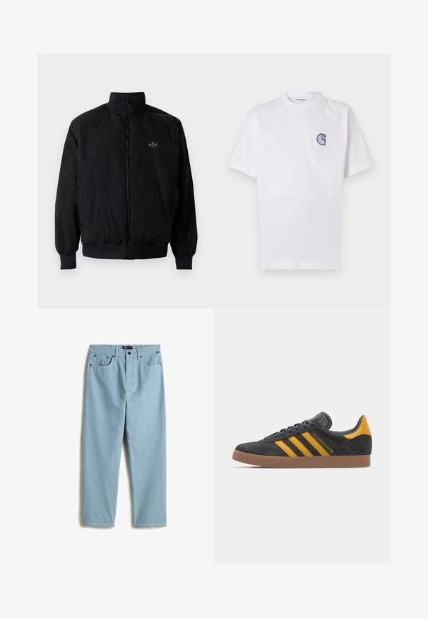 Black zipped jacket with high collar, made of lightweight material. Features elastic cuffs and waistband, with a small logo on the upper left.; White cotton t-shirt with short sleeves, round neckline, and a small, embroidered blue "C" logo on the left chest area.; Light blue, straight-leg denim pants with five pockets, subtle contrast stitching, and a branded label on the waistband.; Black suede sneaker with yellow accents, featuring three stripes and a brown rubber sole. Includes a padded tongue for comfort.