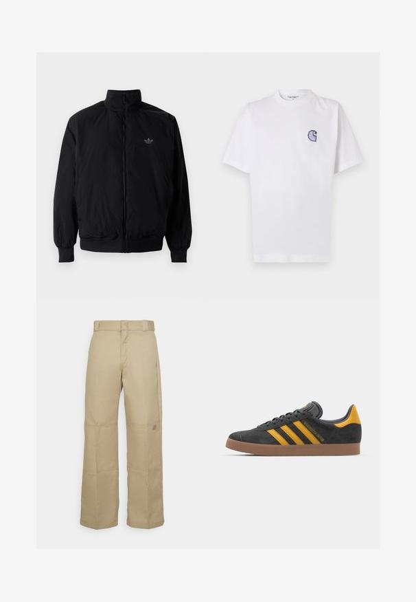 Crna jakna na zip s visokim ovratnikom, izrađena od laganog materijala. Ima elastične manžete i pojas, s malim logotipom na gornjem lijevom dijelu.; Bijela pamučna majica kratkih rukava, s okruglim izrezom i malim, plavim izvezenim logom "C" na lijevoj strani prsa.; Bež hlače širokih nogavica od čvrstog materijala, s visokim strukom, vidljivim šavovima i malim logotipom na strani.; Crne nubuk tenisice s žutim detaljima, sa tri pruge i smešnim gumenim potplatom. Imaju jastučić na jeziku za udobnost.