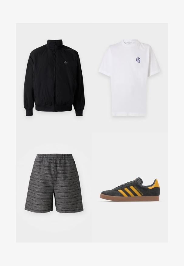 Sort lynlåsjakke med høj krave, fremstillet af letvægtsmateriale. Har elastiske manchetter og talje, med et lille logo på øverste venstre side.; Hvid bomuld t-shirt med korte ærmer, rund halsudskæring og et lille, broderet blåt "C"-logo på venstre side af brystet.; Grå shorts med elastisk talje, fremstillet i et struktureret stof med vandrette striber. Længde til midt på låret og afslappet pasform.; Sort suedet sneaker med gule accenter, der har tre striber og en brun gummisål. Inkluderer en polstret tunge for komfort.