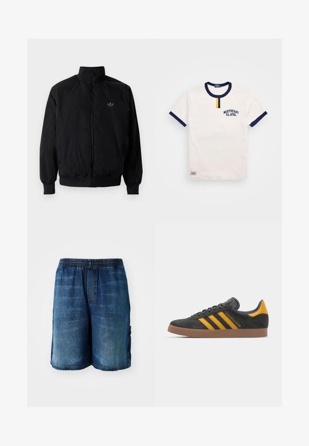 Chaqueta negra con cremallera y cuello alto, hecha de material ligero. Cuenta con puños y cinturilla elásticos, y un pequeño logo en la parte superior izquierda.; Camiseta de algodón blanca con cuello redondo y acentos en las mangas de color azul marino. Presenta un pequeño detalle de botón amarillo y bordado "NORTHEAST RL ATHL."; Shorts de mezclilla con cintura elástica, cortados por encima de la rodilla, en un tono azul medio, con un ligero desgastado y bolsillos laterales.; Zapatillas de ante negro con acentos amarillos, que presentan tres franjas y una suela de goma marrón. Incluyen una lengüeta acolchada para mayor comodidad.