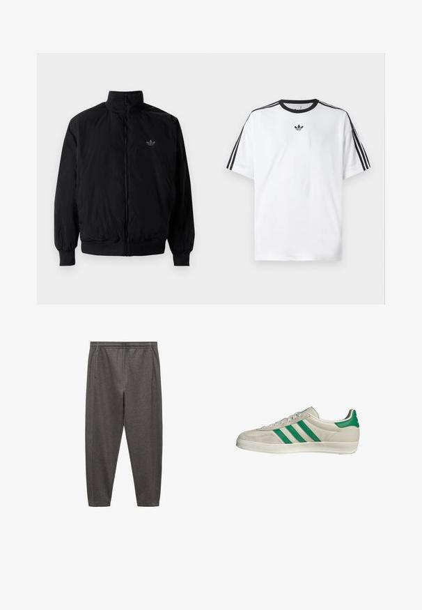Zwarte geluiting jack met hoge kraag, gemaakt van lichtgewicht materiaal. Voorzien van elastische manchetten en tailleband, met een klein logo op de linkerbovenkant.; Witte T-shirt van katoen, met een zwarte ronde halslijn en drie zwarte strepen op elke schouder. Klein zwart logo op de borst.; Grijze joggings met een zachte stof, voorzien van een elastische tailleband, zijzakken en een taps toelopend ontwerp.; Beige sneaker met groene strepen, voorzien van een witte zool en een bovenkant van glad leer. Zijaanzicht dat de veters en het logo benadrukt.