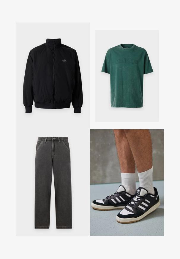 Crna jakna na zip s visokim ovratnikom, izrađena od laganog materijala. Ima elastične manžete i pojas, s malim logotipom na gornjem lijevom dijelu.; Tamnozelena pamučna majica s okruglim izrezom, kratkim rukavima i uvučenim "adidas" logotipom na prsima u istom reljefu.; Tamno sivi traperice s ravnim krojem, s kontrastnim bijelim šavovima, kopčanjem na gumb i bočnim džepovima.; Crne i bijele tenisice s gornjim dijelom od antilopa i kože, s tri bijele pruge, perforiranim prstom i gumiranim potplatom.