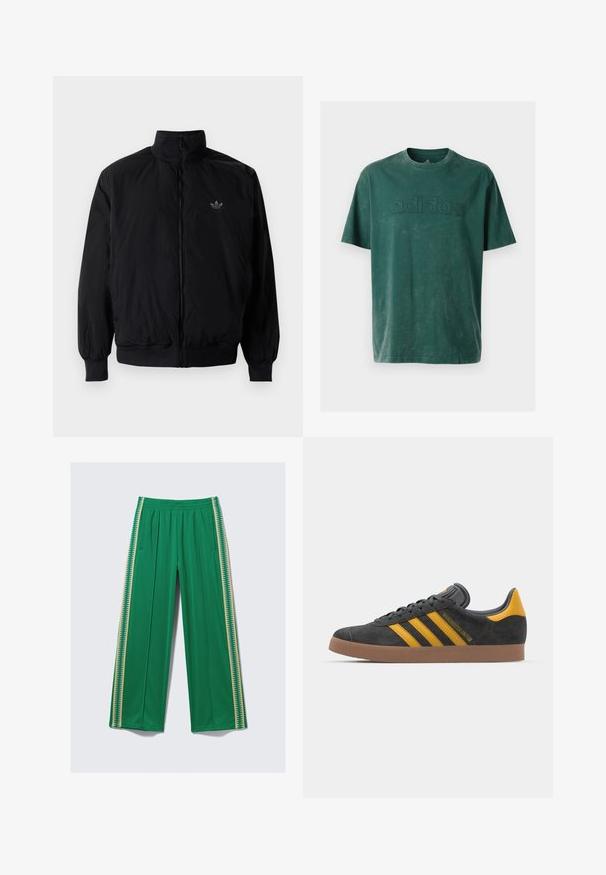 Sort lynlåsjakke med høj krave, fremstillet af letvægtsmateriale. Har elastiske manchetter og talje, med et lille logo på øverste venstre side.; Mørkegrøn bomulds t-shirt med rund hals, korte ærmer og et præget "adidas" logo på brystet i en matchende tekstur.; Grønne bukser med vide ben lavet af glat stof, med elastisk taljebånd og kontrasterende gule sidelister med zigzagmønster.; Sort suedet sneaker med gule accenter, der har tre striber og en brun gummisål. Inkluderer en polstret tunge for komfort.