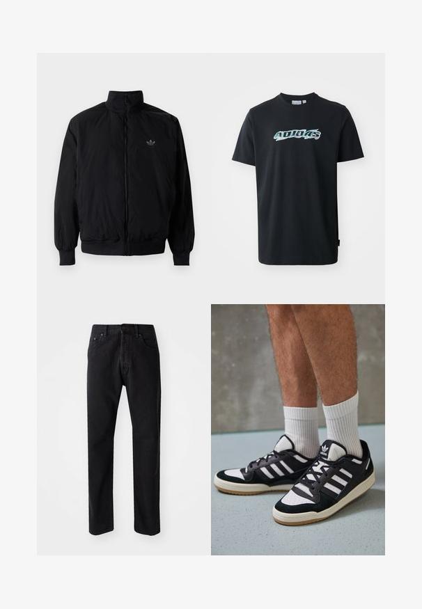 Black zipped jacket with high collar, made of lightweight material. Features elastic cuffs and waistband, with a small logo on the upper left.; Black cotton T-shirt with short sleeves, featuring a glossy, multicolored "ADIDAS" logo on the front. Classic crew neck design.; Black denim jeans with a straight cut, five pockets, and a button closure. Features visible stitching and a soft, textured fabric.; Black and white sneakers with a suede and leather upper, featuring three white stripes, a perforated toe, and a gum rubber sole.