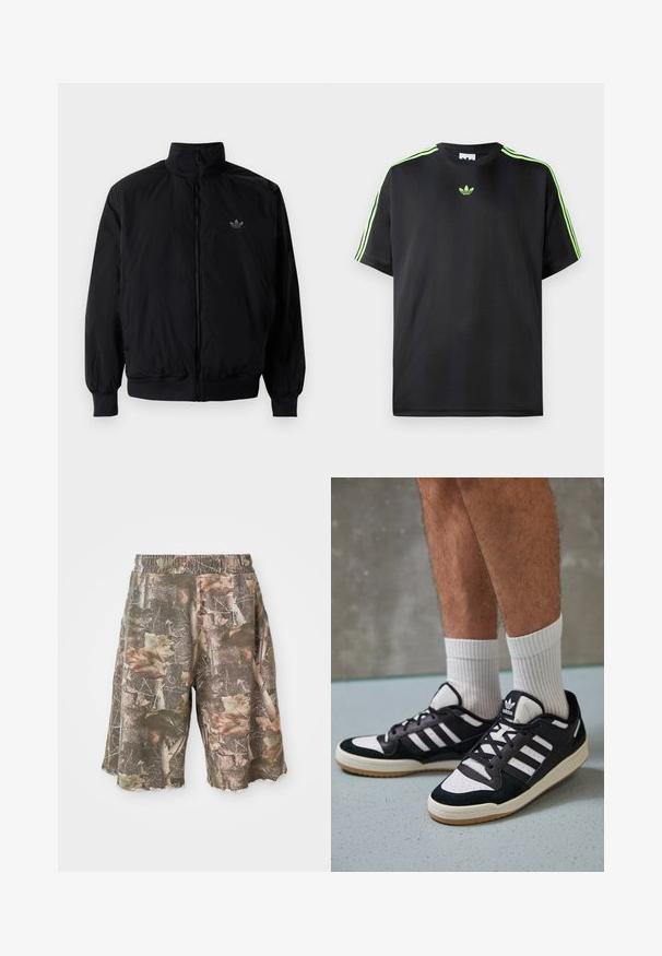 Čierna zips kombinéza s vysokým golierom, vyrobená z ľahkého materiálu. Obsahuje elastické manžety a pás, s malým logom na hornej ľavej strane.; Čierne tričko z hladkej tkaniny s okrúhlym výstrihom, s tromi zelenými pruhmi na ramenách a malým zeleným logom na hrudi.; Šortky s maskáčovým vzorom a elastickým pásom, ktoré kombinujú zelenú, hnedú a béžovú farbu, s roztrhnutým okrajom pre drsný vzhľad.; Čierno-biele tenisky s vrchom z semišu a kože, s troma bielymi pruhmi, perforovanou špičkou a gumovou podrážkou.