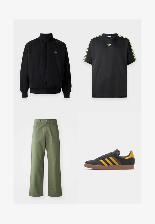 Černá zipová bunda s vysokým límcem, vyrobená z lehkého materiálu. Má elastické manžety a pas, s malým logem na horní levé straně.; Černé tričko vyrobené z hladké tkaniny s kulatým výstřihem, s třemi zelenými pruhy na ramenou a malým zeleným logem na hrudi.; Olivově zelené široké kalhoty z bavlny. Mají poutka na opasek, přední zapínání na knoflík a boční kapsy. Hladká textura.; Černé semišové tenisky se žlutými akcenty, vybavené třemi pruhy a hnědou gumovou podrážkou. Obsahují polstrovaný jazyk pro pohodlí.