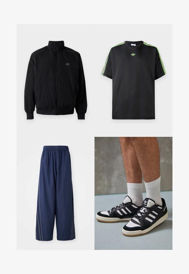 Čierna zips kombinéza s vysokým golierom, vyrobená z ľahkého materiálu. Obsahuje elastické manžety a pás, s malým logom na hornej ľavej strane.; Čierne tričko z hladkej tkaniny s okrúhlym výstrihom, s tromi zelenými pruhmi na ramenách a malým zeleným logom na hrudi.; Námorníckomodré voľné nohavice s elastickým pásom a bočnými pruhmi v svetlejšom odtieni. Vyrobené z hladkého, ľahkého materiálu.; Čierno-biele tenisky s vrchom z semišu a kože, s troma bielymi pruhmi, perforovanou špičkou a gumovou podrážkou.