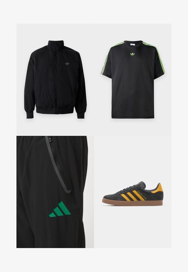 Svart zipjacka med hög krage, tillverkad av lätt material. Har elastiska cuffar och midja, med en liten logo på övre vänster.; Svart T-shirt i slätt material med rund halsringning, med tre gröna ränder på axlarna och en liten grön logotyp på bröstet.; Svarta träningbyxor i slät tyg, med en grön Adidas-logotyp och en ficka med dragkedja och kontrasterande kant.; Svart mockaskor med gula accenter, med tre ränder och en brun gummisula. Inkluderar en vadderad tunga för extra komfort.