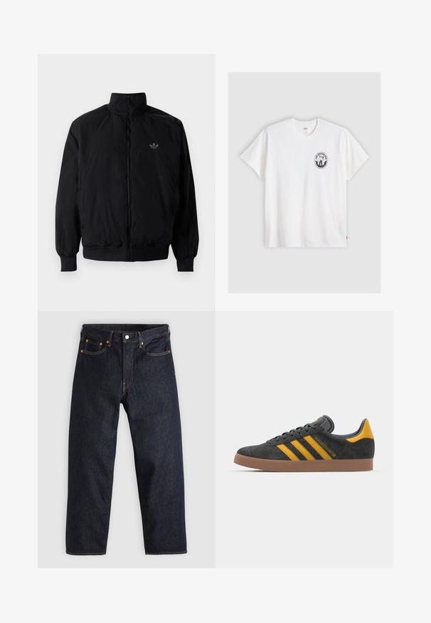 Giacca nera con zip e colletto alto, realizzata in materiale leggero. Presenta polsini e vita elastici, con un piccolo logo in alto a sinistra.; T-shirt bianco in cotone con maniche corte, collo rotondo e un logo circolare nero sul lato sinistro del petto con un design stilizzato.; Jeans in denim blu scuro con taglio dritto, cinque tasche, cuciture arancioni a contrasto e chiusura con bottone. Nessun motivo o decorazione visibile.; Sneaker in suede nero con dettagli gialli, dotato di tre strisce e una suola in gomma marrone. Include una linguetta imbottita per il comfort.