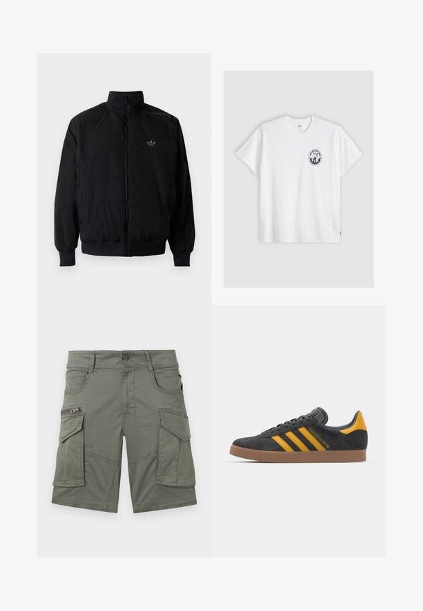 Black zipped jacket with high collar, made of lightweight material. Features elastic cuffs and waistband, with a small logo on the upper left.; White cotton t-shirt with short sleeves, round neck, and a black circular logo on the left chest featuring a stylized design.; Olive-green cargo shorts made of cotton blend fabric. Features multiple pockets, including a zip pocket, and sturdy stitching details.; Black suede sneaker with yellow accents, featuring three stripes and a brown rubber sole. Includes a padded tongue for comfort.