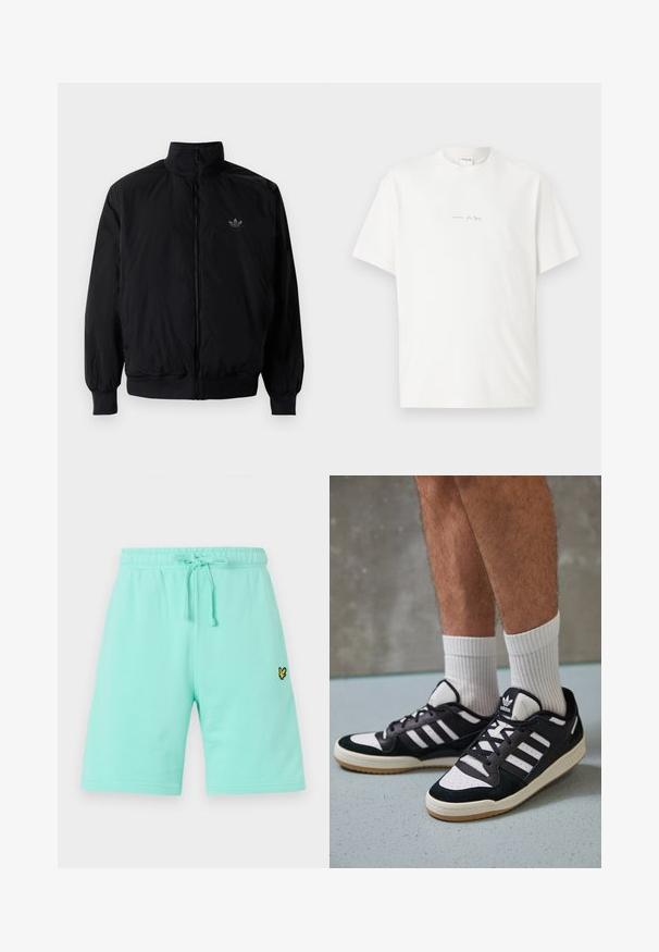 Crna jakna na zip s visokim ovratnikom, izrađena od laganog materijala. Ima elastične manžete i pojas, s malim logotipom na gornjem lijevom dijelu.; Bijela pamučna majica s okruglim izrezom, kratkim rukavima i malim otisnutim logom sprijeda. Glatka tekstura i opušteni kroj.; Svijetlo zeleni pamučni šortsevi s elastičnim pojasom i podesivom vrpcom, s malim crno-žutim logotipom sprijeda.; Crne i bijele tenisice s gornjim dijelom od antilopa i kože, s tri bijele pruge, perforiranim prstom i gumiranim potplatom.