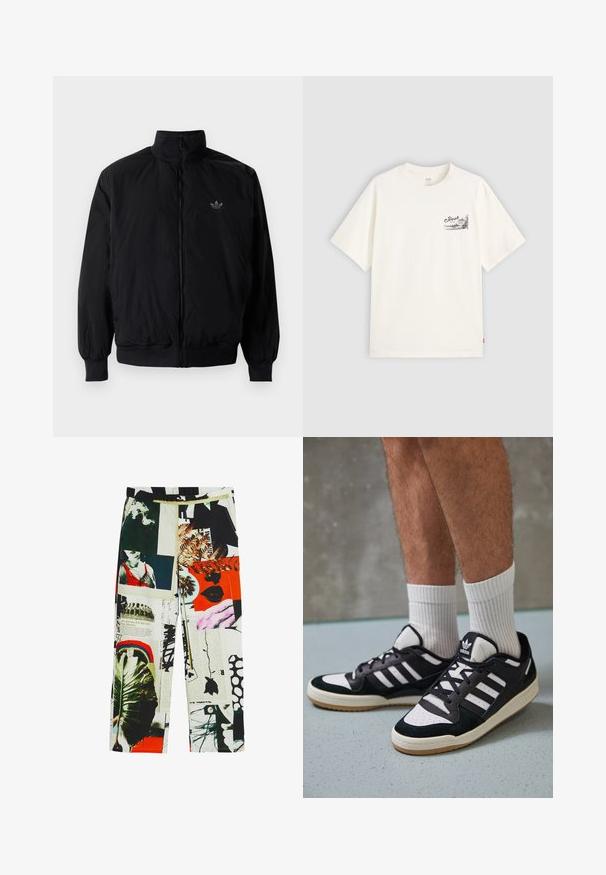 Chaqueta negra con cremallera y cuello alto, hecha de material ligero. Cuenta con puños y cinturilla elásticos, y un pequeño logo en la parte superior izquierda.; Camiseta blanca de manga corta hecha de algodón, con un diseño gráfico negro en la zona del pecho izquierdo que dice "Fresh."; Pantalones estampados que presentan un collage de imágenes, colores y texturas, incluidos elementos verdes, gráficos y acentos atrevidos. Cintura elástica.; Zapatillas en blanco y negro con parte superior de ante y cuero, que presentan tres franjas blancas, una puntera perforada y una suela de goma.