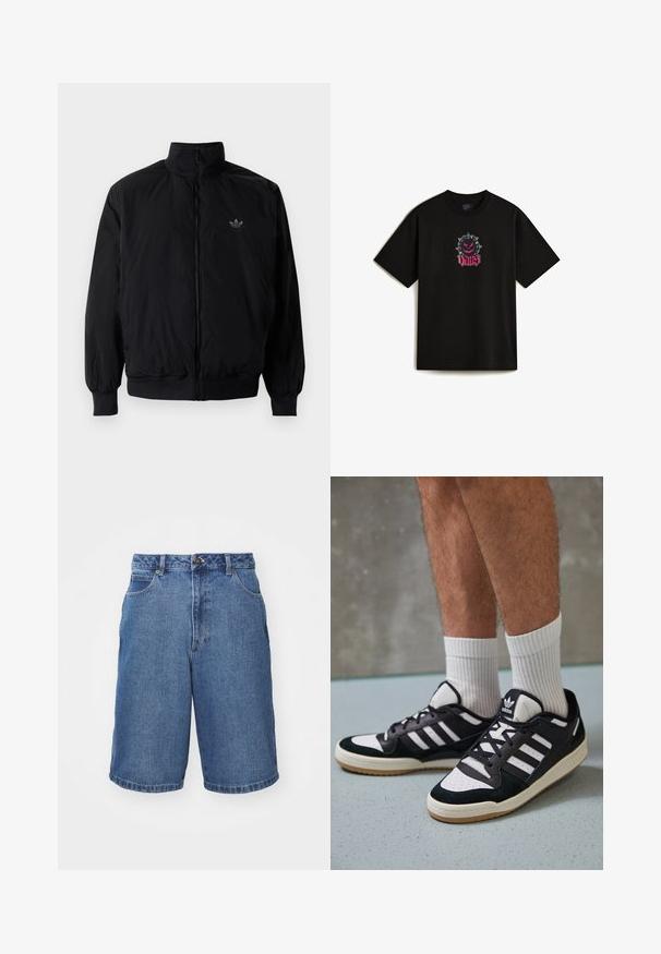 Svart zipjacka med hög krage, tillverkad av lätt material. Har elastiska cuffar och midja, med en liten logo på övre vänster.; Svart bomullströja med ett framträdande grafiskt tryck av en taggig tecknad figur och ordet "VANS" i rosa skript. Kort ärm.; Denimshorts i en medelblå färg, med en klassisk femficksdesign, metallknappstängning och rak benform med sydda fållar.; Svartvita sneakers med ovandel i mocka och läder, med tre vita ränder, perforerad tå och sula av gummigummi.