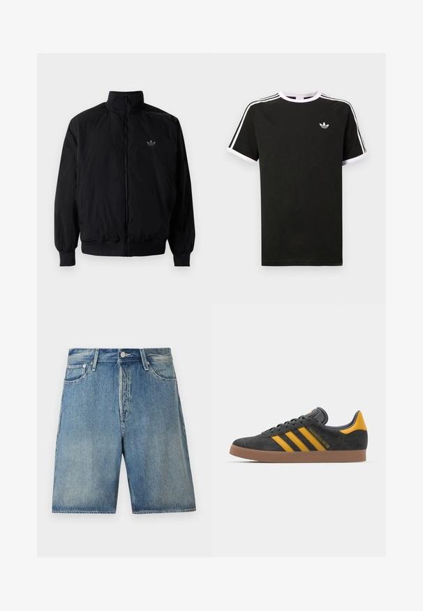 Veste noire à fermeture éclair avec col haut, fabriquée en matériau léger. Dotée de poignets et d'une taille élastiques, avec un petit logo en haut à gauche.; T-shirt noir en coton avec des accents blancs. Doté de manches courtes, d'un design raglan et d'un petit logo sur la poitrine. Trois bandes blanches sur les épaules.; Shorts en denim bleu clair, avec un design classique à cinq poches, fermeture à bouton, coupe droite et une finition légèrement délavée.; Baskets en suede noir avec des accents jaunes, présentant trois rayures et une semelle en caoutchouc marron. Comprend une languette rembourrée pour le confort.
