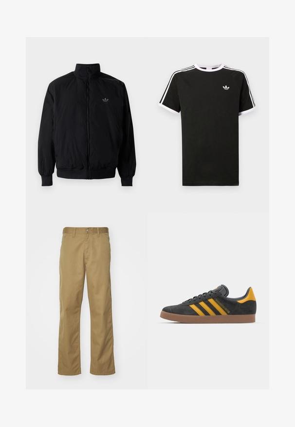 Sort lynlåsjakke med høj krave, fremstillet af letvægtsmateriale. Har elastiske manchetter og talje, med et lille logo på øverste venstre side.; Sort t-shirt lavet af bomuld med hvide accenter. Har korte ærmer, raglan-design og et lille logo på brystet. Tre hvide striber på skuldrene.; Khaki chinos med lige bendesign, lavet af glat bomuldsstof. Har en knaplukning foran og sidelommer.; Sort suedet sneaker med gule accenter, der har tre striber og en brun gummisål. Inkluderer en polstret tunge for komfort.