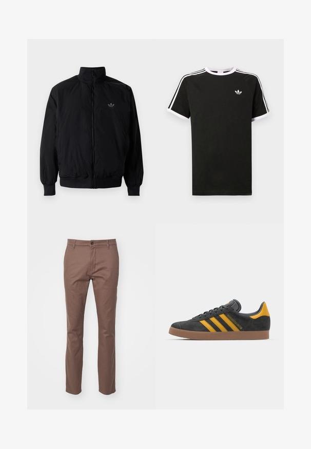 Crna jakna na zip s visokim ovratnikom, izrađena od laganog materijala. Ima elastične manžete i pojas, s malim logotipom na gornjem lijevom dijelu.; Crna majica s kratkim rukavima, izrađena od pamuka, s bijelim akcentima. Ima raglan dizajn i mali logo na prsima. Tri bijele pruge na ramenima.; Smeđe hlače od pamuka s ravnim krojem, bočnim džepovima i prednjim zatvaranjem na dugme. Glatka tekstura i minimalni detalji šivanja.; Crne nubuk tenisice s žutim detaljima, sa tri pruge i smešnim gumenim potplatom. Imaju jastučić na jeziku za udobnost.