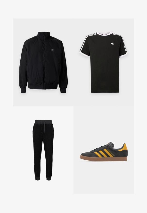 Svart zipjacka med hög krage, tillverkad av lätt material. Har elastiska cuffar och midja, med en liten logo på övre vänster.; Svart t-shirt i bomull med vita detaljer. Har korta ärmar, raglan-design och en liten logotyp på bröstet. Tre vita ränder på axlarna.; Svarta velour-joggers med ribbad midja och cuffs, med dragsko och en liten logodetalj på den nedre sidan.; Svart mockaskor med gula accenter, med tre ränder och en brun gummisula. Inkluderar en vadderad tunga för extra komfort.