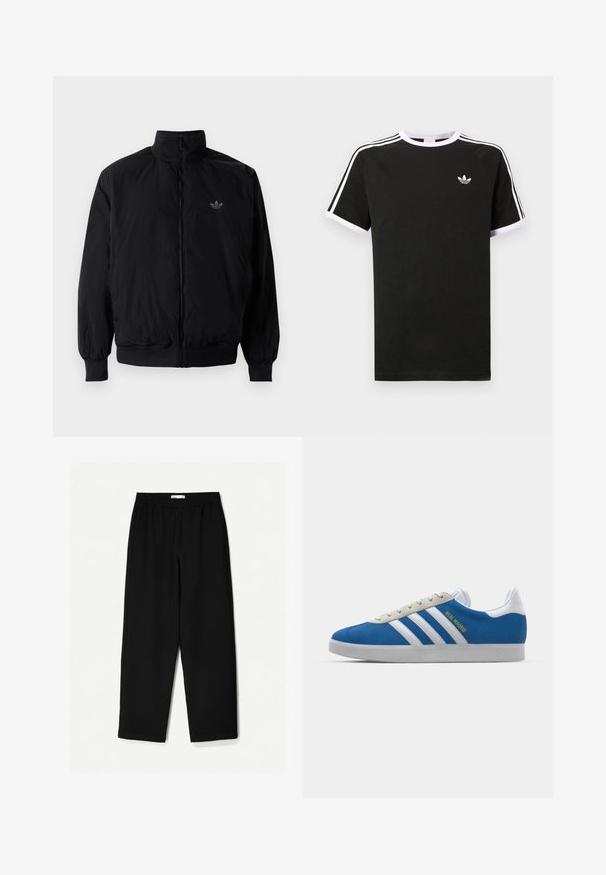 Černá zipová bunda s vysokým límcem, vyrobená z lehkého materiálu. Má elastické manžety a pas, s malým logem na horní levé straně.; Černé tričko vyrobené z bavlny s bílými akcenty. Má krátké rukávy, raglánový střih a malé logo na hrudi. Tři bílé pruhy na ramenou.; Černé kalhoty s širokými nohavicemi vyrobené z lehkého materiálu. Mají elastický pas a hladkou texturu. Bez viditelných vzorů nebo kovových detailů.; adidas Originals ADIDAS GAZELLE SHOES - Sálové kopačky - real madrid/bluebird/footwear white/crew yellow