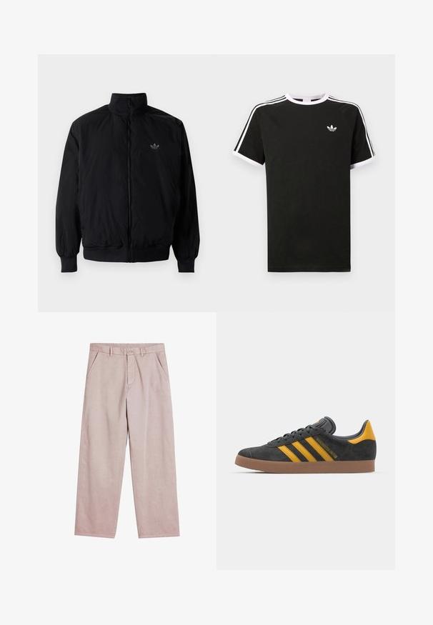 Chaqueta negra con cremallera y cuello alto, hecha de material ligero. Cuenta con puños y cinturilla elásticos, y un pequeño logo en la parte superior izquierda.; Camiseta negra de algodón con detalles en blanco. Presenta mangas cortas, diseño raglán y un pequeño logo en el pecho. Tres franjas blancas en los hombros.; Pantalones de pierna ancha en rosa claro, confeccionados en una tela suave, con bolsillos frontales y cierre de botón, adornados con sutiles detalles de costura.; Zapatillas de ante negro con acentos amarillos, que presentan tres franjas y una suela de goma marrón. Incluyen una lengüeta acolchada para mayor comodidad.
