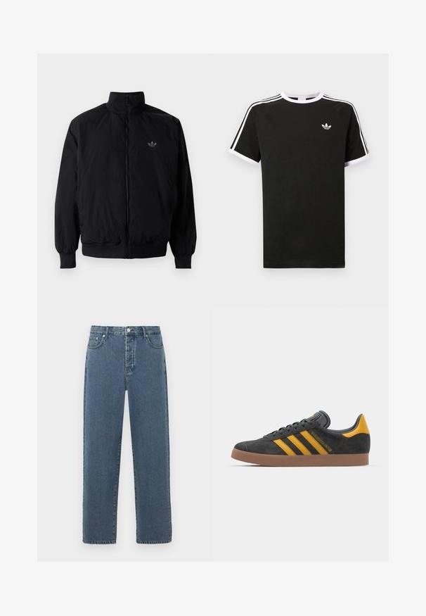 Black zipped jacket with high collar, made of lightweight material. Features elastic cuffs and waistband, with a small logo on the upper left.; Black t-shirt made of cotton with white accents. Features short sleeves, raglan design, and a small logo on the chest. Three white stripes on shoulders.; Blue denim jeans with a straight-leg design, featuring a zip fly, belt loops, and five-pocket styling. Fabric shows slight fading and texture.; Black suede sneaker with yellow accents, featuring three stripes and a brown rubber sole. Includes a padded tongue for comfort.