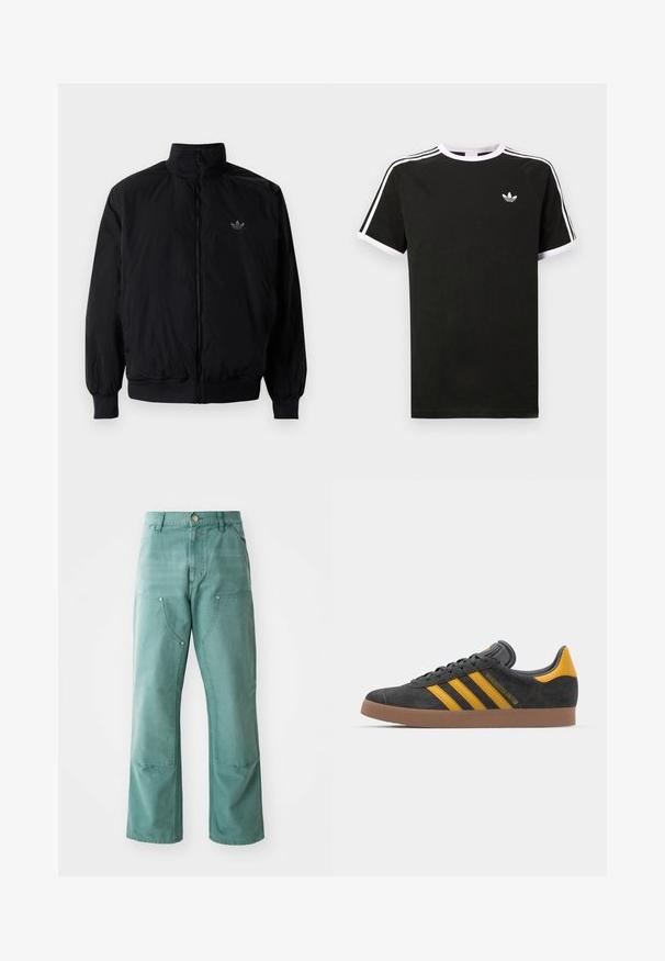 Schwarze Jacke mit Reißverschluss und hohem Kragen, aus leichtem Material gefertigt. Verfügt über elastische Bündchen und einen elastischen Saum, mit einem kleinen Logo oben links.; Schwarzes T-Shirt aus Baumwolle mit weißen Akzenten. Hat kurze Ärmel, ein Raglan-Design und ein kleines Logo auf der Brust. Drei weiße Streifen auf den Schultern.; Weite Hosen in teal Farbe, aus Denim-Stoff gefertigt. Mit frontalen Taschen mit schrägen Öffnungen und Metall-Druckknopf-Akzenten.; Schwarze Wildledersneaker mit gelben Akzenten, ausgestattet mit drei Streifen und einer braunen Gummisohle. Enthält eine gepolsterte Zunge für zusätzlichen Komfort.