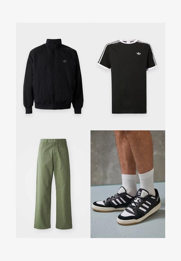 Crna jakna na zip s visokim ovratnikom, izrađena od laganog materijala. Ima elastične manžete i pojas, s malim logotipom na gornjem lijevom dijelu.; Crna majica s kratkim rukavima, izrađena od pamuka, s bijelim akcentima. Ima raglan dizajn i mali logo na prsima. Tri bijele pruge na ramenima.; Maslinasto zelene široke hlače od pamuka. Imaju petlje za pojas, prednje dugme za zatvaranje i bočne džepove. Glatka tekstura.; Crne i bijele tenisice s gornjim dijelom od antilopa i kože, s tri bijele pruge, perforiranim prstom i gumiranim potplatom.