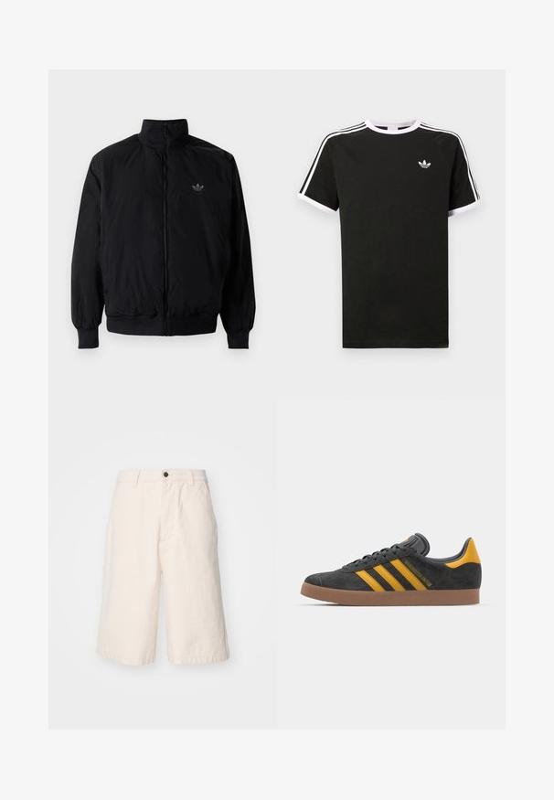 Chaqueta negra con cremallera y cuello alto, hecha de material ligero. Cuenta con puños y cinturilla elásticos, y un pequeño logo en la parte superior izquierda.; Camiseta negra de algodón con detalles en blanco. Presenta mangas cortas, diseño raglán y un pequeño logo en el pecho. Tres franjas blancas en los hombros.; Pantalones cortos de algodón en color beige claro con un corte recto, que presentan un cierre de botón, bolsillos laterales y un dobladillo que cae justo por encima de la rodilla.; Zapatillas de ante negro con acentos amarillos, que presentan tres franjas y una suela de goma marrón. Incluyen una lengüeta acolchada para mayor comodidad.