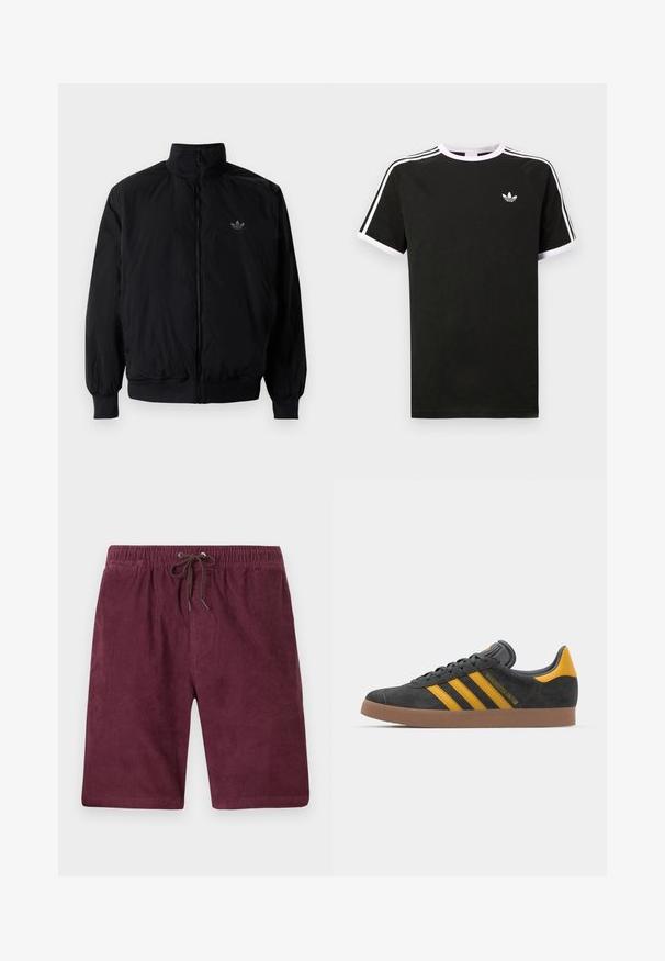 Schwarze Jacke mit Reißverschluss und hohem Kragen, aus leichtem Material gefertigt. Verfügt über elastische Bündchen und einen elastischen Saum, mit einem kleinen Logo oben links.; Schwarzes T-Shirt aus Baumwolle mit weißen Akzenten. Hat kurze Ärmel, ein Raglan-Design und ein kleines Logo auf der Brust. Drei weiße Streifen auf den Schultern.; Burgunderfarbene Cordshorts mit elastischem Bund und Kordelzug. Mit vertikaler Rippstruktur und normaler Länge.; Schwarze Wildledersneaker mit gelben Akzenten, ausgestattet mit drei Streifen und einer braunen Gummisohle. Enthält eine gepolsterte Zunge für zusätzlichen Komfort.