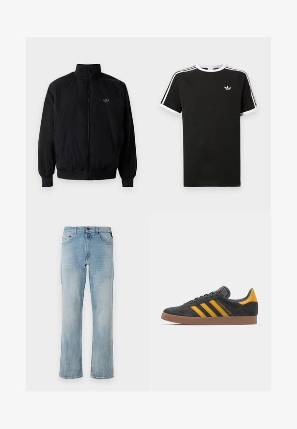 Black zipped jacket with high collar, made of lightweight material. Features elastic cuffs and waistband, with a small logo on the upper left.; Black t-shirt made of cotton with white accents. Features short sleeves, raglan design, and a small logo on the chest. Three white stripes on shoulders.; Light blue denim jeans with a relaxed fit, featuring subtle distressed details and a classic five-pocket design.; Black suede sneaker with yellow accents, featuring three stripes and a brown rubber sole. Includes a padded tongue for comfort.