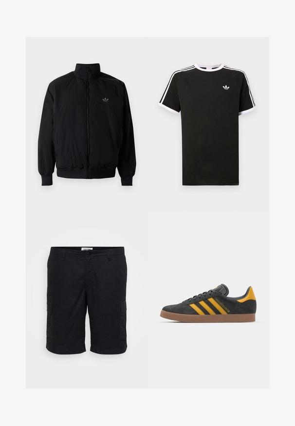 Black zipped jacket with high collar, made of lightweight material. Features elastic cuffs and waistband, with a small logo on the upper left.; Black t-shirt made of cotton with white accents. Features short sleeves, raglan design, and a small logo on the chest. Three white stripes on shoulders.; Black cargo shorts made of cotton. Features include two side pockets, a relaxed fit, and a flat front with a button closure.; Black suede sneaker with yellow accents, featuring three stripes and a brown rubber sole. Includes a padded tongue for comfort.