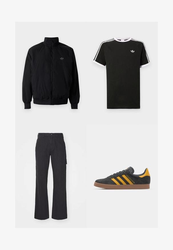 Czarna kurtka zapinana na zamek z wysokim kołnierzem, wykonana z lekkiego materiału. Posiada elastyczne mankiety i pas, oraz małe logo na górnej lewej stronie.; Czarny t-shirt wykonany z bawełny z białymi akcentami. Posiada krótkie rękawy, fason raglanowy oraz małe logo na klatce piersiowej. Trzy białe paski na ramionach.; Czarne spodnie szerokie w paski z płaskim przodem, wysokim stanem i bocznymi kieszeniami, wykonane z teksturowanej tkaniny, z kontrastowymi prążkami.; Czarne zamszowe sneakersy z żółtymi akcentami, z trzema paskami i brązową gumową podeszwą. Posiadają wyściełany język dla większego komfortu.