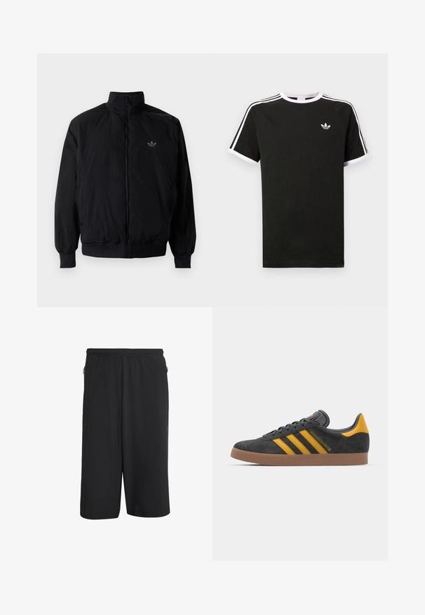 Black zipped jacket with high collar, made of lightweight material. Features elastic cuffs and waistband, with a small logo on the upper left.; Black t-shirt made of cotton with white accents. Features short sleeves, raglan design, and a small logo on the chest. Three white stripes on shoulders.; Black athletic shorts with an elastic waistband, featuring side zippers and a smooth, lightweight fabric. Simple, functional design.; Black suede sneaker with yellow accents, featuring three stripes and a brown rubber sole. Includes a padded tongue for comfort.