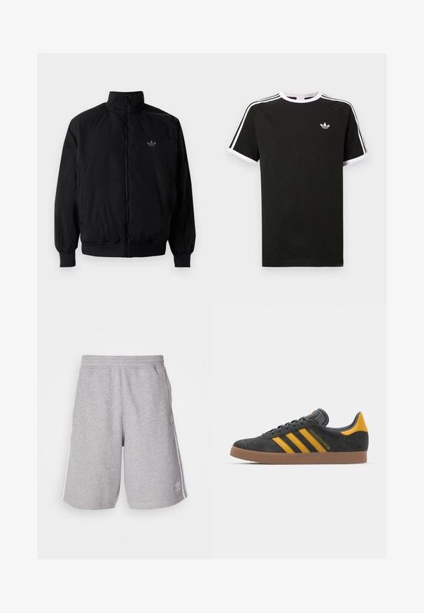 Black zipped jacket with high collar, made of lightweight material. Features elastic cuffs and waistband, with a small logo on the upper left.; Black t-shirt made of cotton with white accents. Features short sleeves, raglan design, and a small logo on the chest. Three white stripes on shoulders.; Grey athletic shorts made of cotton blend fabric. Features side pockets, elastic waistband, and white side stripes. Classic design.; Black suede sneaker with yellow accents, featuring three stripes and a brown rubber sole. Includes a padded tongue for comfort.