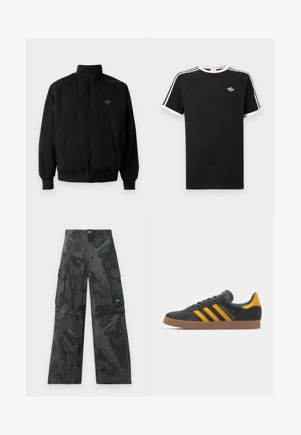 Musta vetoketjullinen takki, jossa on korkea kaulus, valmistettu kevyestä materiaalista. Varustettu joustavilla hihoilla ja vyötäröllä, ja ylävasemmalla on pieni logo.; Musta puuvillapaita valkoisilla accenteilla. Siinä on lyhyet hihat, raglan-muotoilu ja pieni logo rinnassa. Olkapäillä kolme valkoista raitaa.; Mustat cargo-housut, joissa on teksturoitu tumma kuvio. Varustettu useilla sivutaskuilla ja pienellä vihreällä logokuviolla edessä.; Mustat samettiset tennarit, joissa on keltaisia yksityiskohtia, kolmonen raita ja ruskea kumipohja. Sisältää pehmustetun kielisen mukavuutta varten.